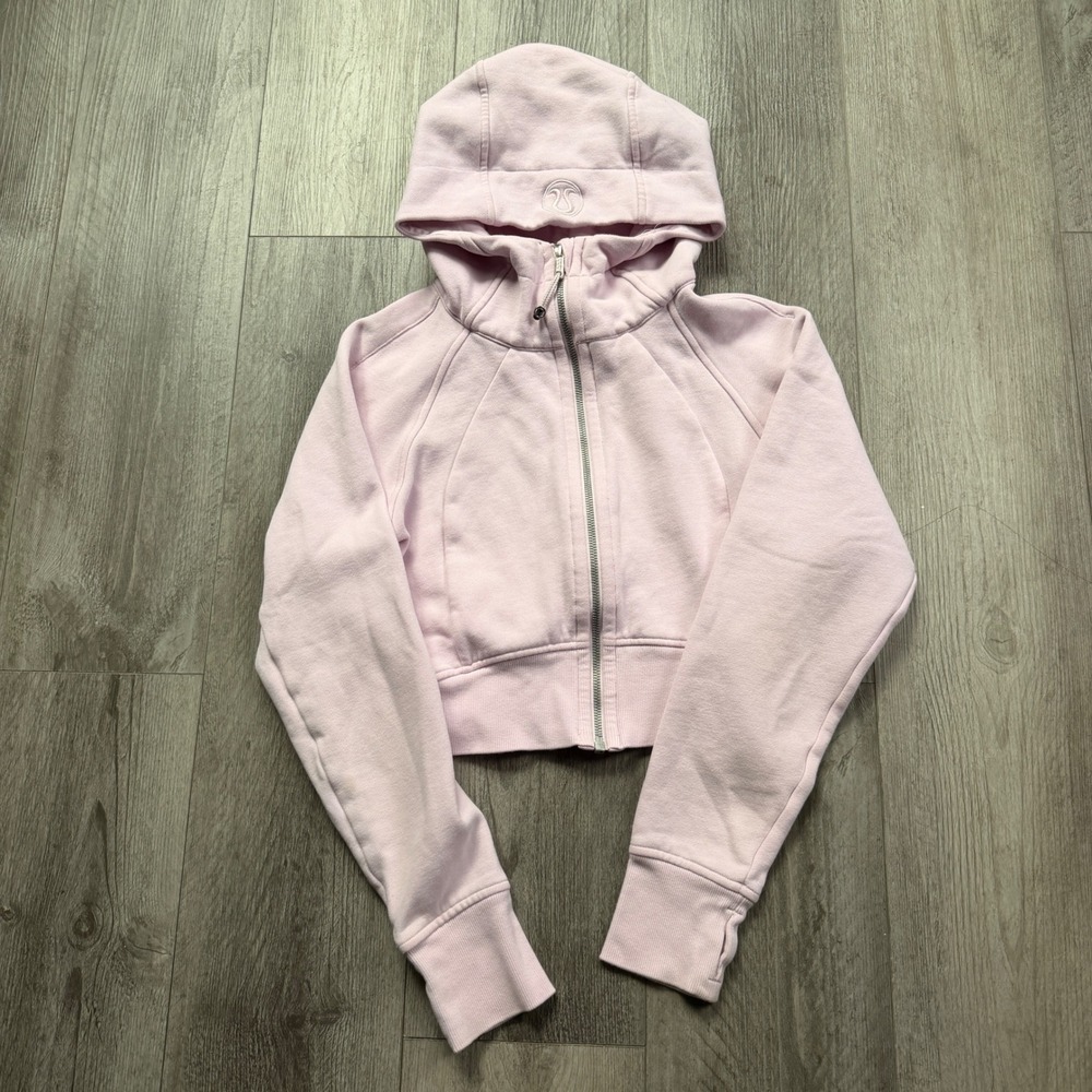 Lululemon Womens S Pink Crop Scuba Full Zip Hoodie Thumbholes Logo Hood